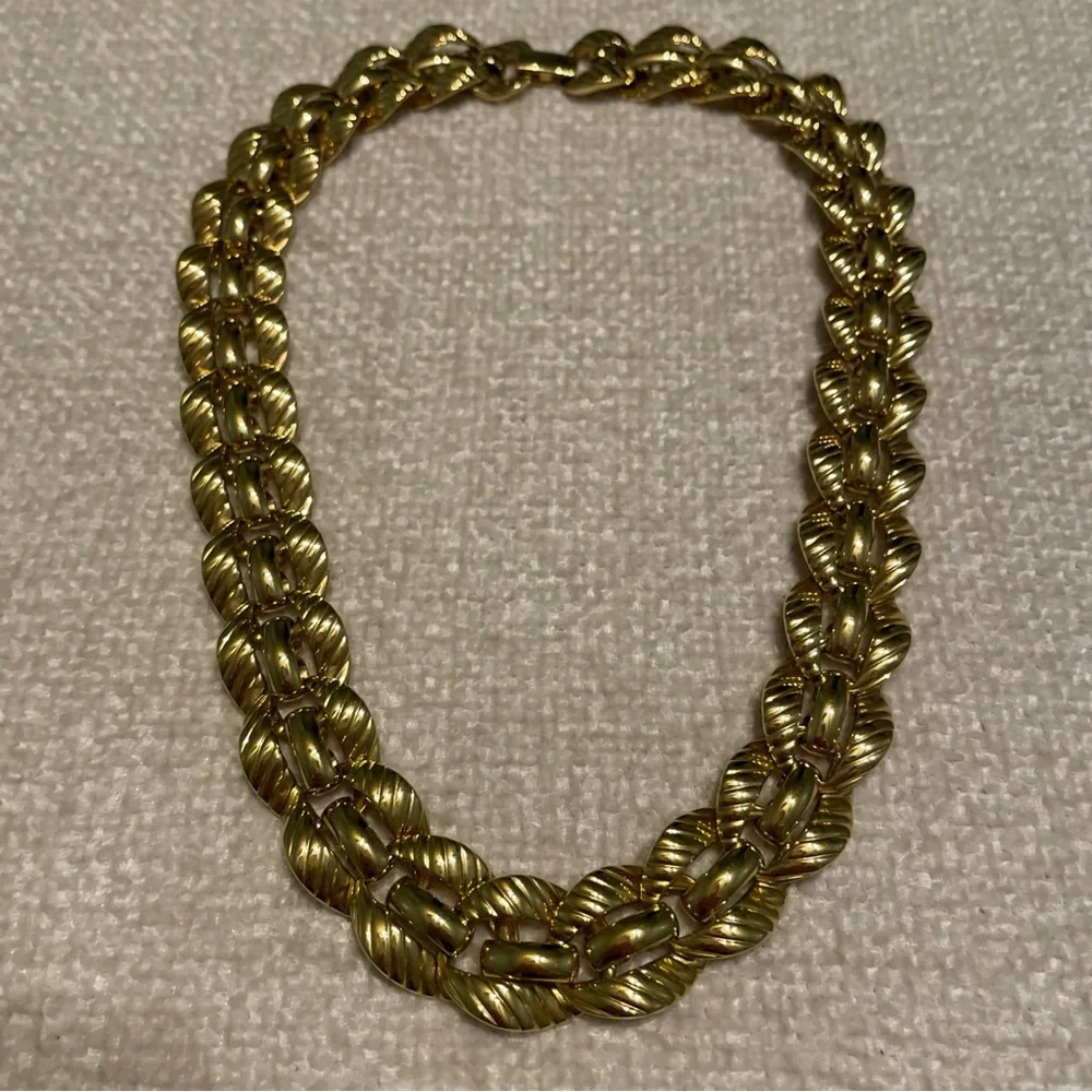 Vintage 80s Monet Gold Tone Triple Gold Plated Statement Necklace 18